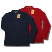 View Item Farah Vintage Button Collar Mod Long Sleeve Pique Polo Shirt Navy Blue / Red